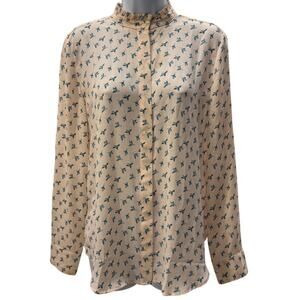 Ann Taylor LOFT Mandarin Collar Pink Blouse Sz S Blue Birds Career Button Up